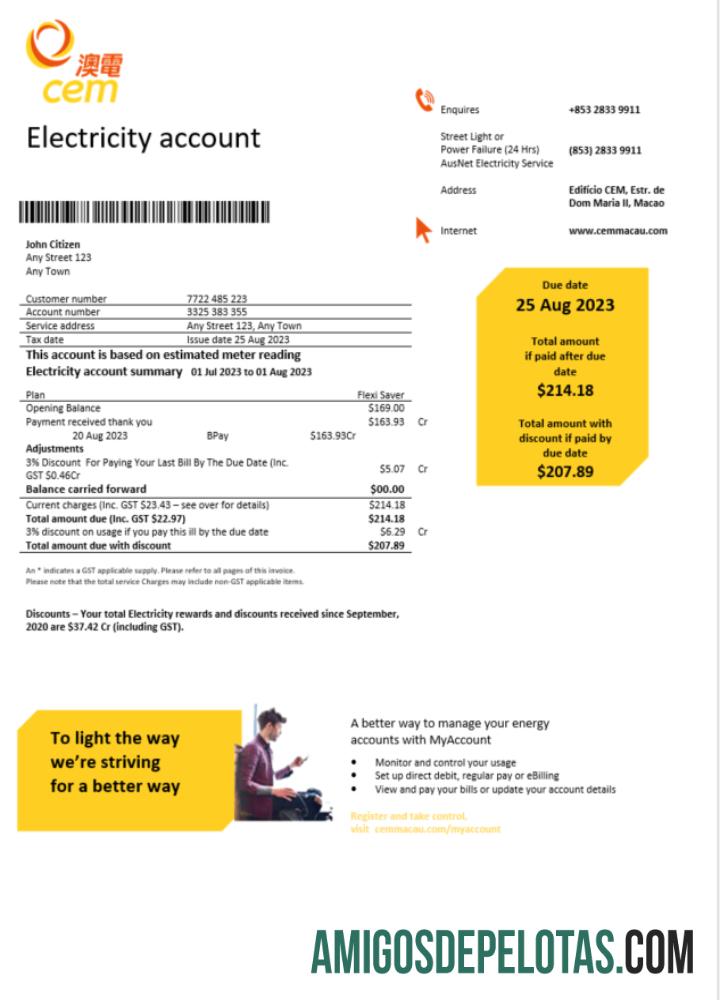 imprimível Modelo Word e PDF da conta de electricidade da CEM de Macau